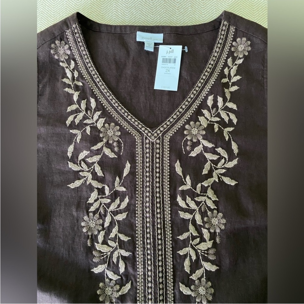 NWT- J. JILL 100% LINEN CHOCOLATE BROWN EMBROIDERED MAXI DRESS SIZE 2X - Picture 2 of 9